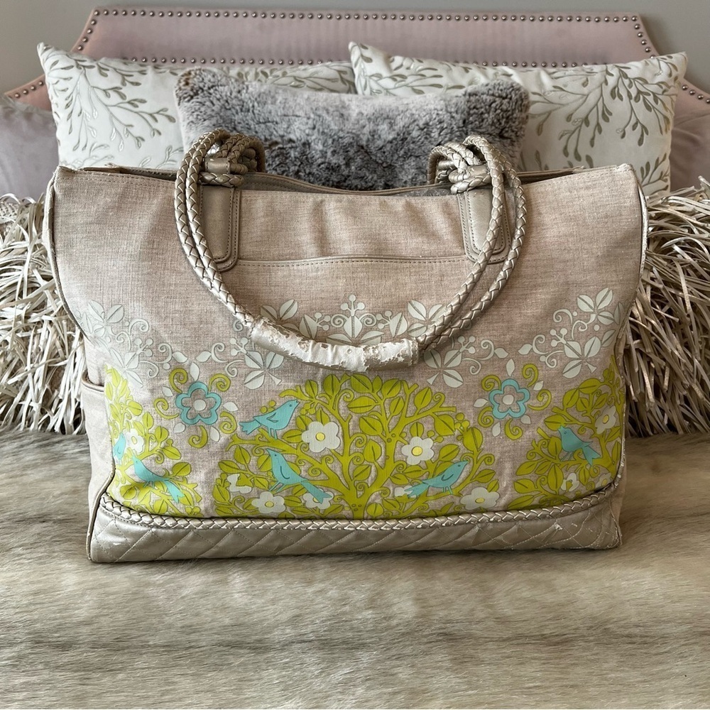 VERA BRADLEY Sittin' in a Tree 2010 Large Resort Tote Canvas Y2K Green Natural